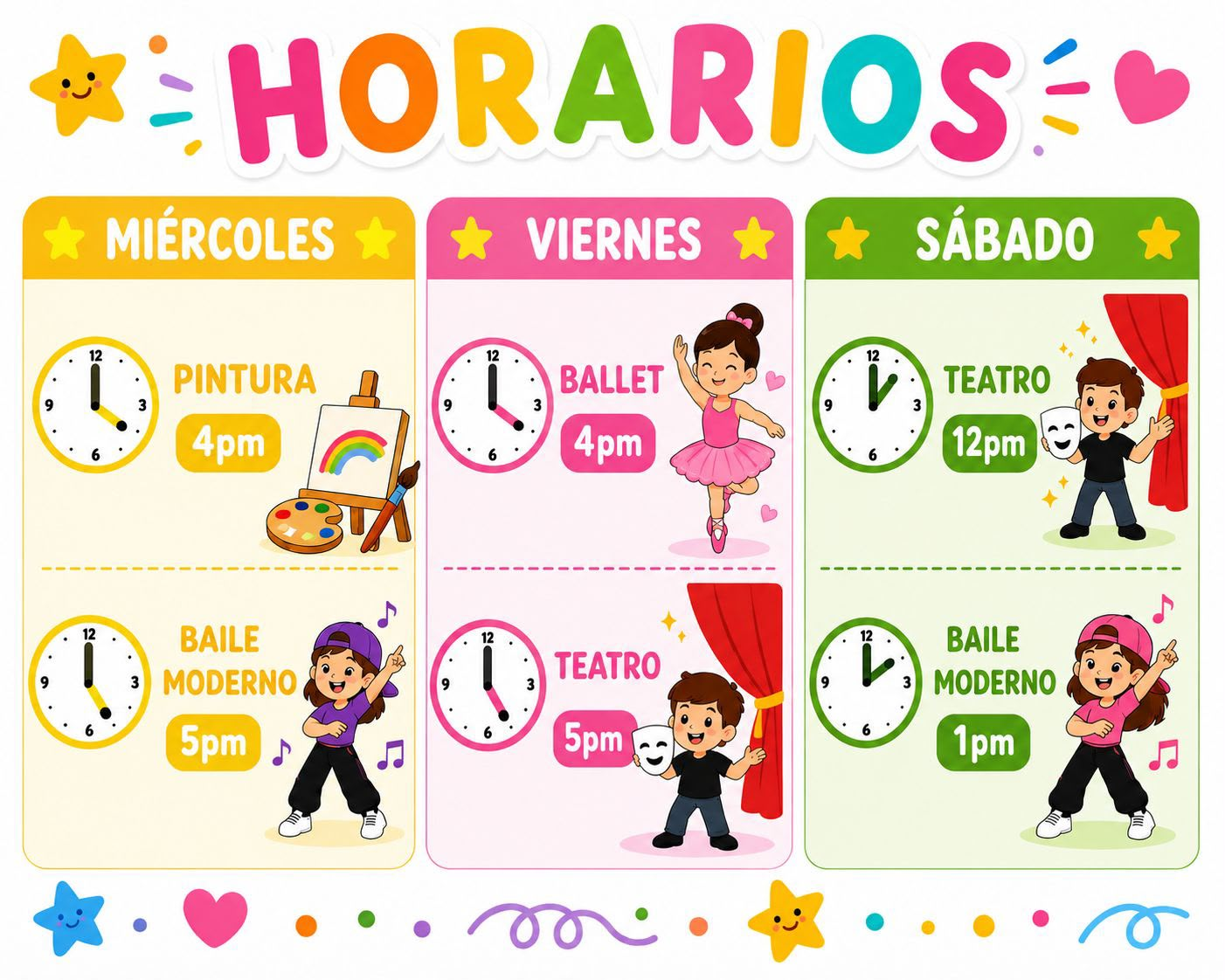Horario semanal de talleres de Ven Te Cuento